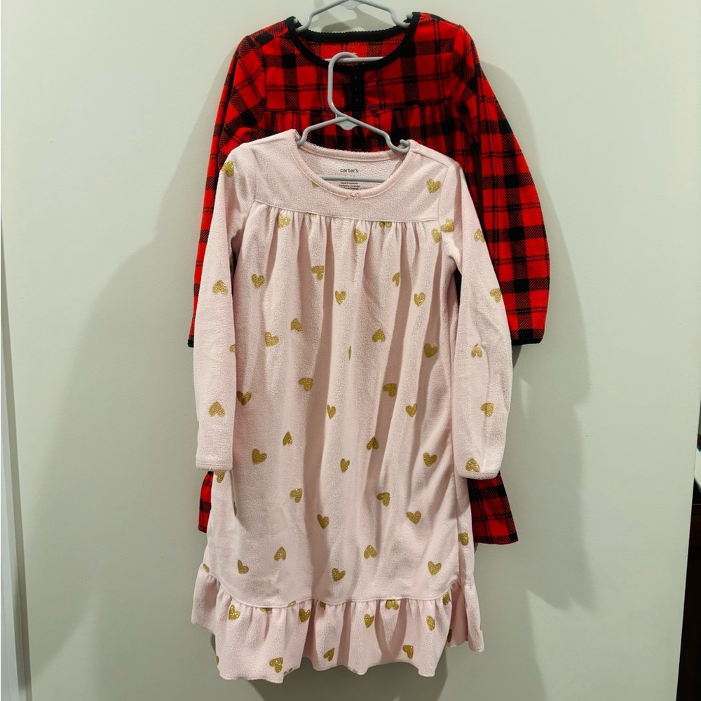 Carter's Girls 4-5 Fleece Nightgowns x2: Pink w Gold Hearts, Red Buffalo Plaid